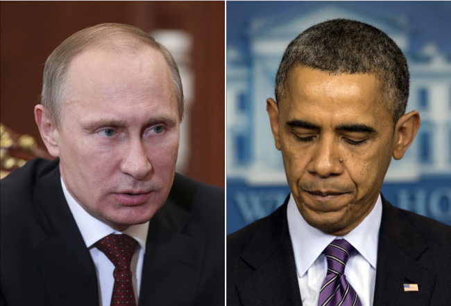 블라디미르푸틴(좌부터/VladimirPutin/정치인/러시아대통령),버락오바마(BarackObama/정치인/미국대통령)
전광석화(電光石火) 같은 블라디미르 푸틴 러시아 대통령의 크림반도 점령 작전에 우유부단(優柔不斷)한 ‘오바마 독트린’이 또다시 뒤통수를 맞았다.