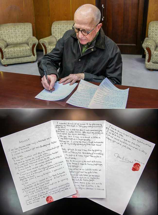 In this photo taken Saturday and provided by the Korean Central News Agency, John Short, an Australian missionary detained for spreading Christianity in North Korea, signs a written apology at an unknown location in North Korea.   Yonhap