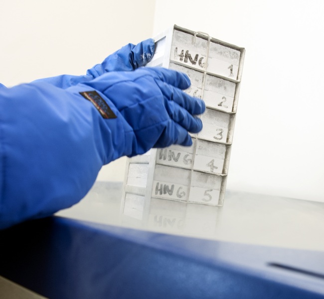 A technician removes a case of modified T cells genetically modified to resist HIV infection from storage in an ultralow-temperature freezer for testing at the Perelman School of Medicine in Philadelphia.   AP-Yonhap
