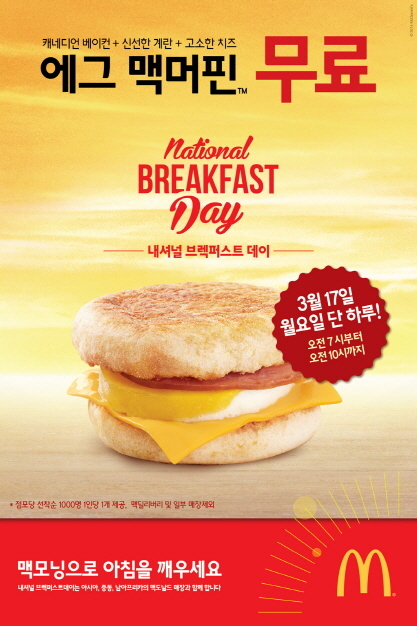 맥도날드(대표 조 앨린저)가 오는 17일 전국 300여개 맥도날드 매장에서 에그 맥머핀(Egg McMuffin)을 무료로 제공하는 ‘내셔널 브렉퍼스트 데이(National Breakfast Day)’ 행사를 진행한다고 11일 밝혔다. 맥도날드는 지난해에도 같은 행사를 진행 한 바 있다.
오전 7시부터 선착순으로 진행되는 이번 행사에서는 총 30만개의 에그 맥머핀이 무료 제공될 예정이다. 아시아와 중동, 남아프리카의 맥도날드 매장에서도 동일한 날 개최된다.