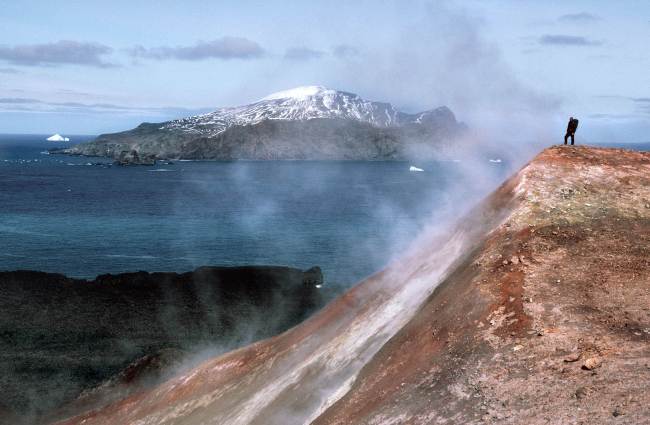 A man standing next to volcanic steam in Antarctica.    AFP-Yonhap