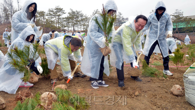 한국도로공사는 12일 수원나들목 녹지대에서 ‘통일희망나무심기’ 첫 행사를 열고 김학송 사장과 직원 및 인근 학교 학생들이 소나무 묘목 5000주를 심고 있다. 통일희망나무심기는 올해부터 2016년까지 고속도로 부지에 국민들의 통일 염원을 담은 묘목 1500만 그루를 심어 통일시대 북한에 건설되는 고속도로에 심을 조경수를 미리 준비하자는 의미로 추진된다.<br />김명섭 기자 msiron@heraldcorp.com
한국도로공사는 12일 수원나들목 녹지대에서 ‘통일희망나무심기’ 첫 행사를 열고 김학송 사장과 직원 및 인근 학교 학생들이 소나무 묘목 5000주를 심고 있다. 통일희망나무심기는 올해부터 2016년까지 고속도로 부지에 국민들의 통일 염원을 담은 묘목 1500만 그루를 심어 통일시대 북한에 건설되는 고속도로에 심을 조경수를 미리 준비하자는 의미로 추진된다.
김명섭 기자 msiron@heraldcorp.com