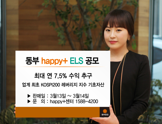 동부증권(대표이사 사장 고원종)은 13일부터 이틀간 업계 최초로 KOSPI200 레버리지 지수를 기초자산으로 하는, 원금비보장 노낙인 스텝다운 형태의 주가연계증권(ELS)를 판매한다.
KOSPI200 레버리지 지수를 기초자산으로 하는 ‘동부 해피플러스 주가연계증권(ELS) 제1319회’는 3년 만기 상품으로, 4개월 주기의 조기상환평가일 및 만기평가일에 기초자산의 조기상환평가가격 및 만기평가가격이 최초기준가격의 90%(4,8,12개월), 85%(16,20,24개월), 80%(28개월), 75%(32개월), 55%(36개월) 이상이면 원금과 연 7.50%의 수익이 지급된다.