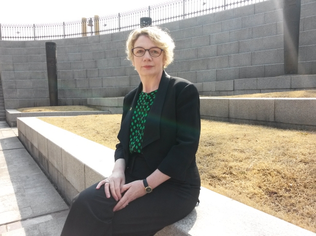 Irish Ambassador to South Korea Aingeal O’Donoghue takes a minute to sit down with The Korea Herald after a wreath laying ceremony at the War Memorial of Korea in Seoul on Friday. (Philip Iglauer/The Korea Herald)