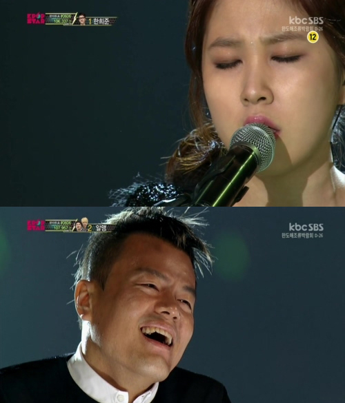 권진아(위부터/화제인물),박진영(가수/음악PD/JYP엔터테인먼트대표)
‘K팝스타3’ 권진아가 ‘24시간이 모자라’로 “미친 것 같다”는 극찬을 받아 화제다.
[사진출처=SBS ‘서바이벌 오디션 K팝스타3’ 캡처]