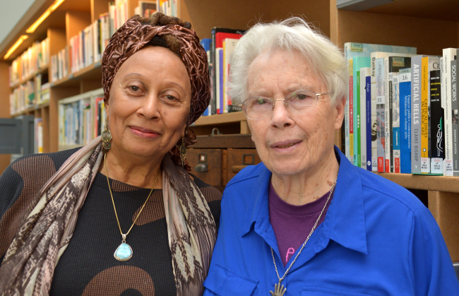 American accordion player Pauline Oliveros (right) and Deep Listening Institute artistic director Ione pose during an interview with The Korea Herald at Anyang Pavilion, Gyeonggi Province, Friday.   Yoon Byung-chan/The Korea Herald