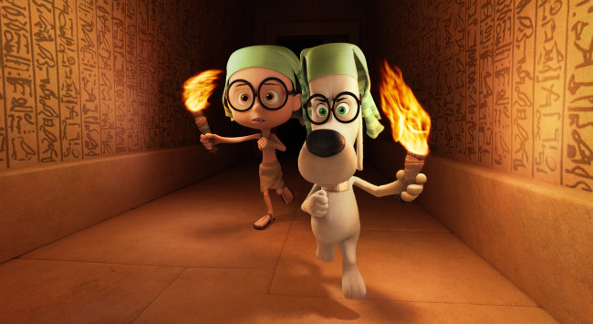 Sherman (left) and Mr. Peabody in a scene from “Mr. Peabody & Sherman.”   AP-Yonhap