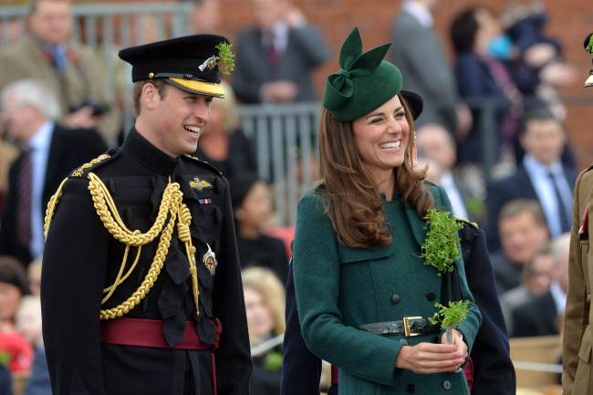 Britain’s Prince William and Princess Catherine look on while visiting the Irish Guards during a St. Patrick’s Day parade in Mons Barracks in Aldershot on Monday.   AFP-Yonahp