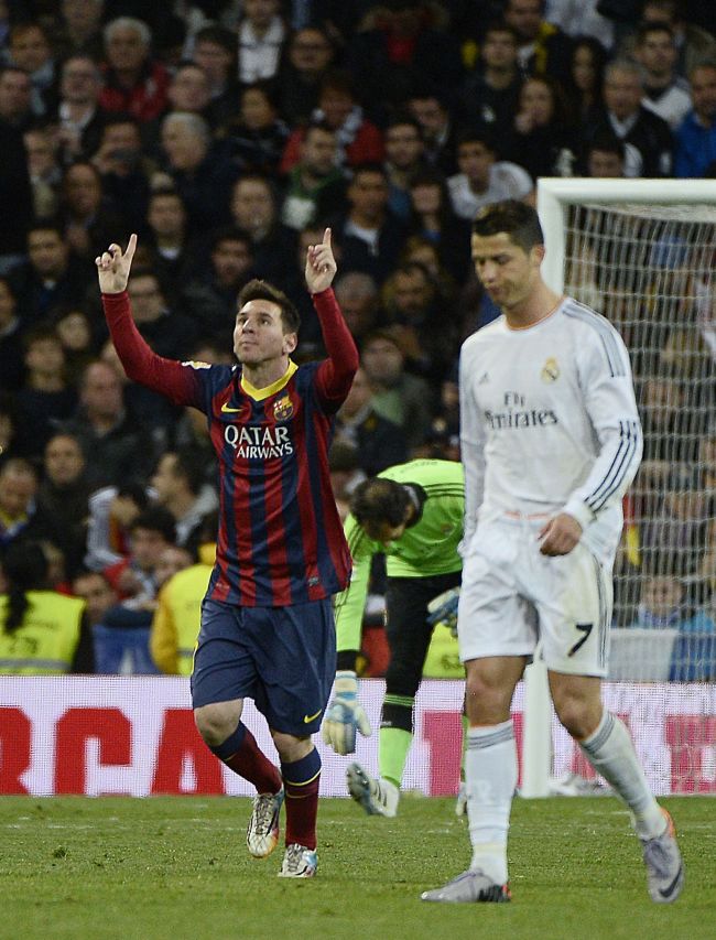Barcelona’s Lionel Messi celebrates his goal on Sunday.   AFP-Yonahp