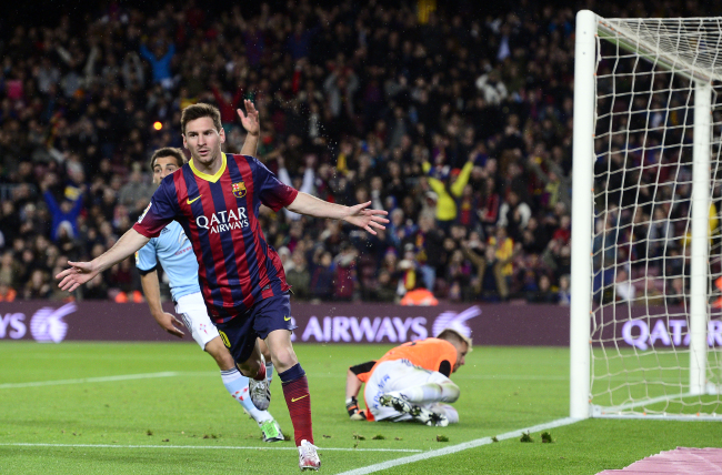 Barcelona’s Lionel Messi celebrates after scoring against Celta Vigo on Wednesday.   AP-Yonhap