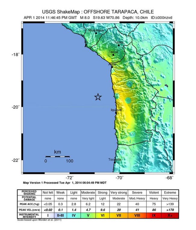 A handout image released by the United States Geological Survey (USGS) 01 April 2014 shows a shakemap with the location of a powerful magnitude 8.0 earthquake off the coast of Chile some 100 km from the city of Iquique. (AFP)
