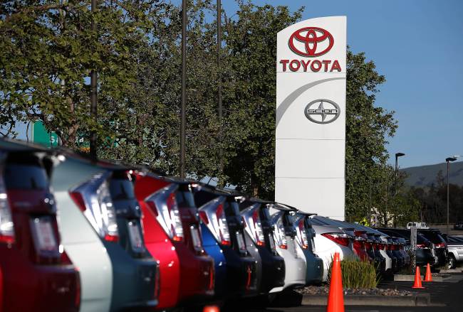 Toyota cars are displayed on the sales lot at Toyota Marin in San Rafael, California.    AFP-Yonhap