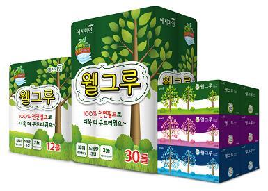 위생용품 전문기업 웰크론헬스케어(대표 이영규)의 한방생리대 브랜드 예지미인이 100% 천연펄프 화장지 ‘웰그루’<사진>를 2일 출시했다. 웰그루 화장지는 100% 천연펄프를 사용한 3겹의 도톰한 제품으로, 피부에 부드럽고 먼지가 적어 사용상 편리한 게 특징이다.