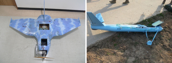 This combination of photos shows unmanned drones found in Paju, Gyeonggi Province, on March 24 (right) and on Baengnyeongdo Island on Tuesday.