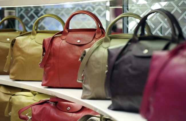 Le Pliage Cuir bags, produced by Longchamp SAS, sits on display.  (Bloomberg)
