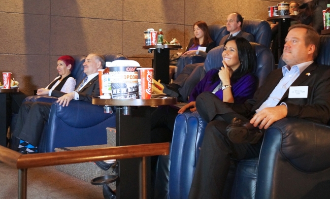 Ecuadorian Ambassador to South Korea Nicolas Trujillo (right) and his wife Vanessa Passailaigue Trujillo (second from right) watch the Korean movie “Miss Granny,” specially edited with English subtitles, with other foreign guests invited by CJ at CGV’s Gold Class theater in Yongsan, Seoul.   CJ Group
