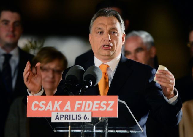 Hungarian Prime Minister Viktor Orban delivers a speech after winning the parliamentary election in Budapest on Sunday.   AFP-Yonhap