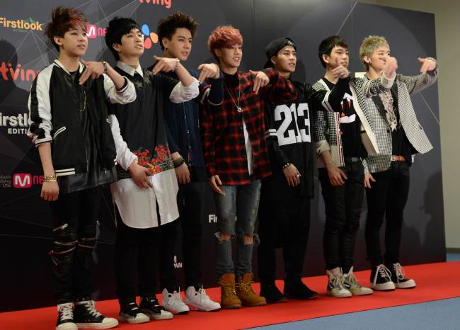 Members of South Korean K-pop group GOT7 pose during a press conference prior to attending the K-pop chart show “M Countdown” at the Yokohama Arena in Yokohama, Japan, April 2.   AFP-Yonhap