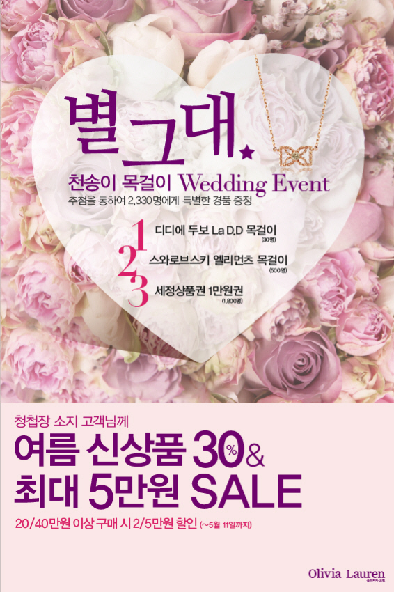패션기업 세정(대표 박순호)의 대표 여성복 브랜드 ‘올리비아 로렌(Olivia Lauren)’이 7일부터 내달 11일까지 예비부부 및 결혼식 하객들을 대상으로 ‘웨딩 페스티벌’을 개최한다고 밝혔다.
본인이나 지인의 청첩장을 가지고 매장을 방문하면 올리비아로렌 제품을 30% 할인된 금액으로 구입할 수 있으며, 구매 금액에 따라 최대 5만원의 추가 할인도 받을 수 있다.