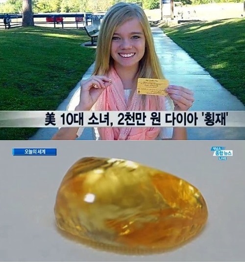 지난 11일(현지시간) 보석광산으로 유명한 아칸소주 크레이터 오브 다이아몬드 주립공원에서 미국 오클라호마에 사는 14살 소녀 타나 클라이머가 3.85캐럿짜리 노란색 젤리빈 크기의 눈물 다이아몬드를 채굴했다.