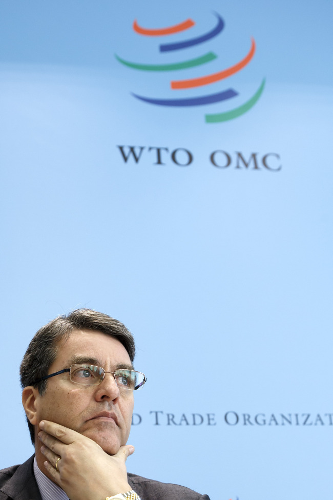 Director-General of the World Trade Organization Roberto Azevedo speaks during a press conference in Geneva, Switzerland, Monday.   AP-Yonhap