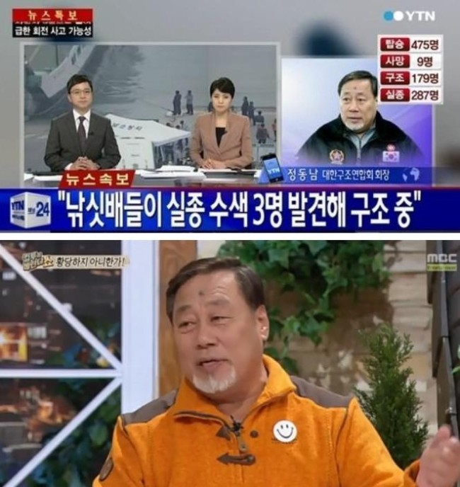 배우 겸 대한구조연합회 회장 정동남이 세월호 침몰 사건을 두고 “생존자 가능성이 있다”고 밝혔다.
정동남은 17일 YTN ‘뉴스특보’와의 인터뷰에서 “오후 2시 5분께 구조작업을 벌이던 민간 잠수부 3인이 세월호 생존자를 수색하던 중 파도로 인해 실종됐다는 소식을 접했다”며 “5~6분 후 낚싯배들의 어부들이 이들을 발견하고 구조했다”고 밝혔다.