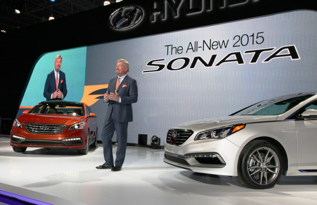 Hyundai Motor America chief executive Dave Zuchowski speaks during the 2014 New York International Auto Show at Jacob Javits Convention Center in New York on Wednesday.   Hyundai Motor