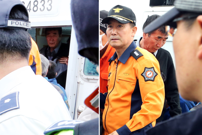The left photo shows Lee Joon-seok, captain of the sunken Sewol, right after he was saved by a rescue boat on Wednesday. The right photo shows him being arrested on Saturday.   Yonhap