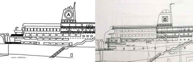 The sketches show that several parts of the back of the Sewol (right) were extended from when it was the Japanese vessel A Line (left).   Yonhap