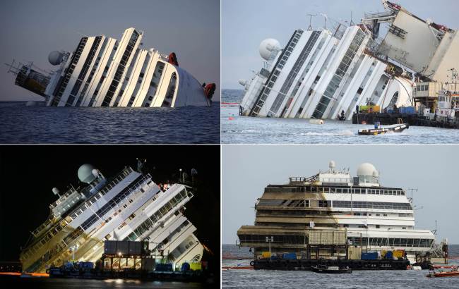 This photo compilation made on Sept. 17, 2013 shows four photos of the Costa Concordia, after the cruise ship ran aground and keeled over off the Isola del Giglio taken on Jan. 14, 2012 (top left), beginning to emerge during the salvage operation on Sept. 16, 2013 (top right) and (bottom left) and after it was turned upright (bottom right) on Sept. 17, 2013.   AFP-Yonhap
