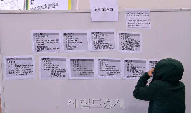 세월호가 침몰한지 6일째인 21일 오전 실종자 가족들이 진도신래체육관에 마련된 신원미상자 게시판을 보고 있다.<br />진도=이상섭 기자. babtong@heraldcorp.com 2014.04.21
세월호가 침몰한지 6일째인 21일 오전 실종자 가족들이 진도신래체육관에 마련된 신원미상자 게시판을 보고 있다.
진도=이상섭 기자. babtong@heraldcorp.com 2014.04.21
세월호가 침몰한지 6일째인 21일 오전 실종자 가족들이 진도신래체육관에 마련된 신원미상자 게시판을 보고 있다.
진도=이상섭 기자. babtong@heraldcorp.com 2014.04.21
하염없이 이름만 쳐다보는 가족들