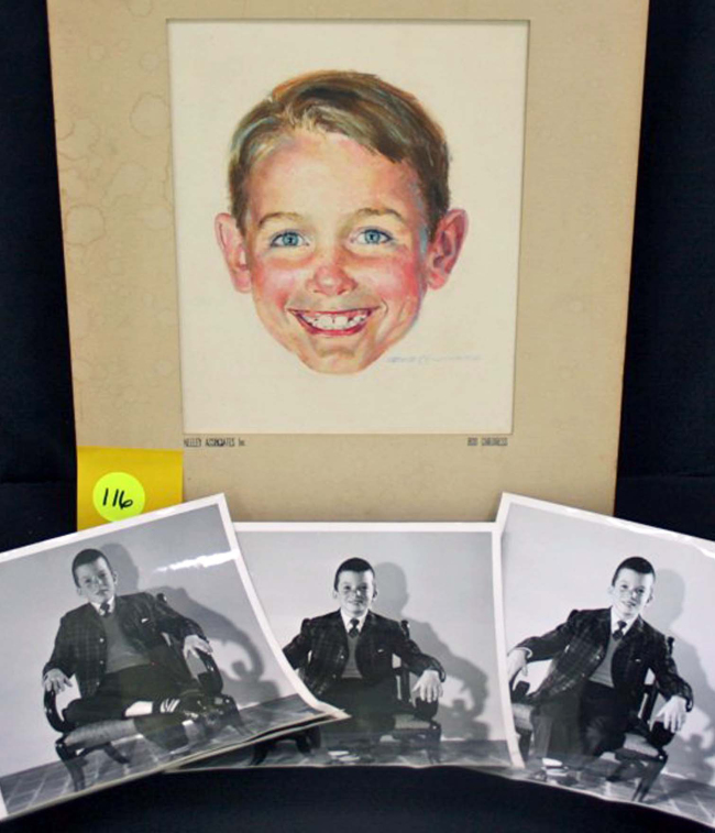 This photo provided by Brookline Auction Gallery of Brookline, New Hampshire, Friday, shows a watercolor by Robert Childress and photos of the model used to paint it.   AP-Yonhap