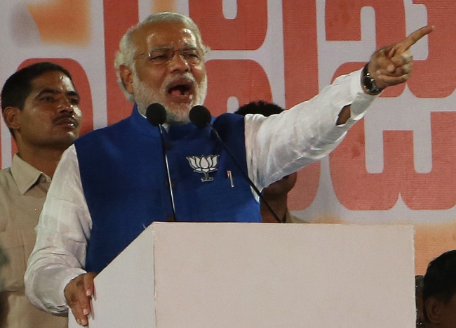 India’s main opposition Bharatiya Janata Party’s prime ministerial candidate Narendra Modi speaks during a rally in Hyderabad, India, Tuesday.  AP-Yonhap