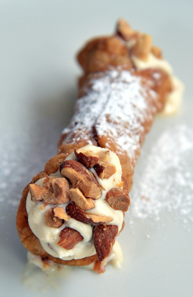 Gallina Daisy’s toothsome cannoli is filled with Sicilian almond paste and housemade ricotta cheese. (Kim Myung-sub/The Korea Herald)