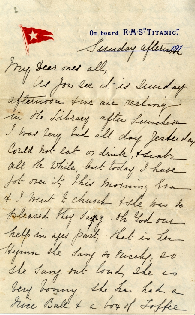 This image shows part of a letter written by Esther Hart and her 7-year-old daughter Eva as they sailed aboard RMS Titanic in April 1912, shortly before the ship struck an iceberg and sank in the North Atlantic Ocean with 15,000 souls.   AP-Yonhap