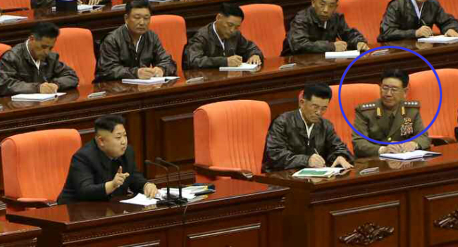 Hwang Pyong-so, the former first vice director of the organization guidance department of North Korea’s ruling Workers’ Party, who has recently been promoted to vice marshal, is seen circled in this photo dated April 20 and released by the Rodong Sinmun, a party mouthpiece.   Yonhap News