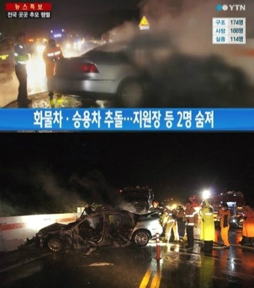 27일 오후 7시23분께 경남 거창군 남하면 88고속도로 광주기점 126km 지점에서 가조에서 거창 방면으로 가던 25t 덤프트럭이 폴크스바겐 승용차를 들이받는 사고가 발생했다.
이 사고로 승용차 조수석과 뒷좌석에 타고 있던 김헌범(49) 창원지법 거창지원장과 합천 해인사 대장경보존국장 성안스님 등 2명이 현장에서 숨졌다. 승용차 운전자 김 모(50·치과의사)씨도 크게 다쳐 인근 병원으로 옮겨졌다.