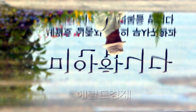 전국 곳곳에 세월호 참사 분향소가 마련된 가운데 29일 오전 한 시민이 서울 시청광장에 마련된 분향소로 향하는 모습이 아침에 내린 빗물웅덩이에 투영되고 있다.