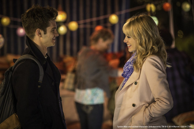 This image released by Sony Pictures shows Andrew Garfield and Emma Stone in “The Amazing Spider-Man 2.”
