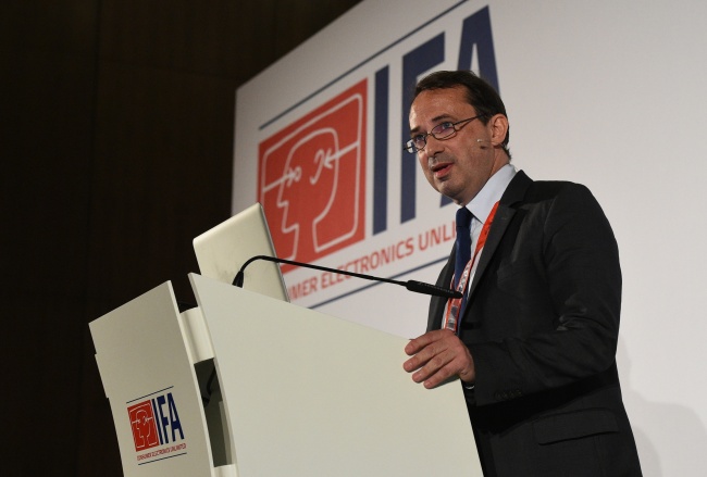 Antoine Salome, TCL’s marketing director in Europe, speaks at the IFA 2014 Global Press Conference, which was held from April 24-27.   IFA