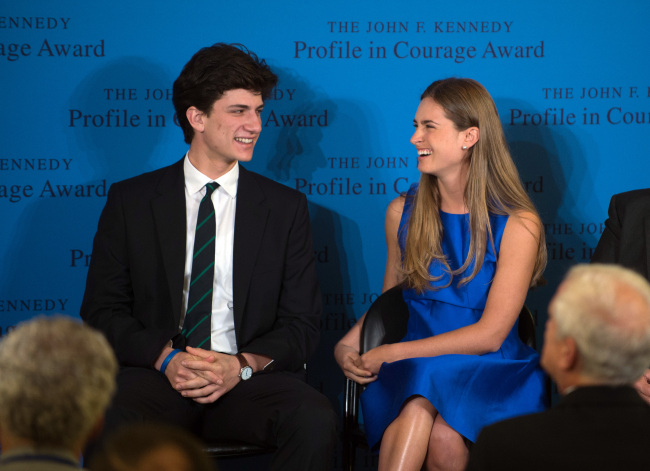 Lauren Bush (right), granddaughter of former President George H.W. Bush, laughs with Jack Schlossberg, grandson of former President John F. Kennedy, before accepting the 2014 John F. Kennedy Profile in Courage Award on behalf of her grandfather during a ceremony at the John F. Kennedy Library and Museum in Boston on Sunday.   AP-Yonhap