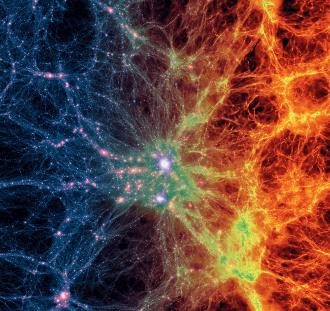 <YONHAP PHOTO-0130> This image provided by the Illustris Collaboration in May 2014 shows dark matter density, left, transitioning to gas density, right, in a simulation of the evolution of the universe since the Big Bang. The new computer simulation that reproduces features ? such as galaxy distribution and composition ? more accurately than previous ones is described in the Thursday, May 8, 2014 issue of the journal Nature. Previous attempts have broadly reproduced the web of galaxies, but failed to create mixed populations of galaxies or predict gas and metal content. The new model correctly predicts characteristics described in observational studies, and represents a considerable step forward in modeling galaxy formation. (AP Photo/Illustris Collaboration)/2014-05-08 04:55:17/ <저작권자 ⓒ 1980-2014 ㈜연합뉴스. 무단 전재 재배포 금지.>
This image provided by the Illustris Collaboration in May 2014 shows dark matter density (left) transitioning to gas density (right) in a simulation of the evolution of the universe since the Big Bang. The new computer simulation that reproduces features ― such as galaxy distribution and composition ― more accurately than previous ones is described in the Thursday issue of the journal Nature. Previous attempts have broadly reproduced the web of galaxies, but failed to create mixed populations of galaxies or predict gas and metal content. The new model correctly predicts characteristics described in observational studies, and represents a considerable step forward in modeling galaxy formation.   AP-Yonhap