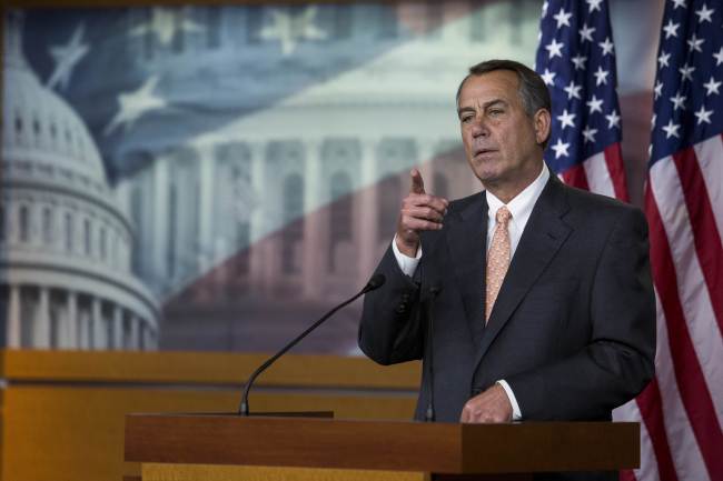 <YONHAP PHOTO-0131> WASHINGTON, DC - MAY 8: Speaker of the House John Boehner (R-OH) answers questions during his weekly news conference on Capitol Hill, May 8, 2014 in Washington, DC. Boehner fielded questions on the Beghazi probe and Veterans Affairs Secretary Eric Shinseki. (Drew Angerer/Getty Images/AFP== FOR NEWSPAPERS, INTERNET, TELCOS & TELEVISION USE ONLY ==../2014-05-09 01:41:57/ <저작권자 ⓒ 1980-2014 ㈜연합뉴스. 무단 전재 재배포 금지.>
U.S. Speaker of the House John Boehner.   AFP-Yonhap