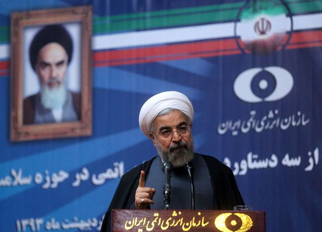Iranian President Hasan Rouhani delivers a speech during a ceremony at Iran’s Atomic Energy Organization in Tehran on Sunday.   AFP-Yonhap
