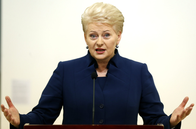 Lithuania’s President Dalia Grybauskaite speaks to the media after winning the first round of the presidential election in Vilnius on Monday.  AP-Yonhap