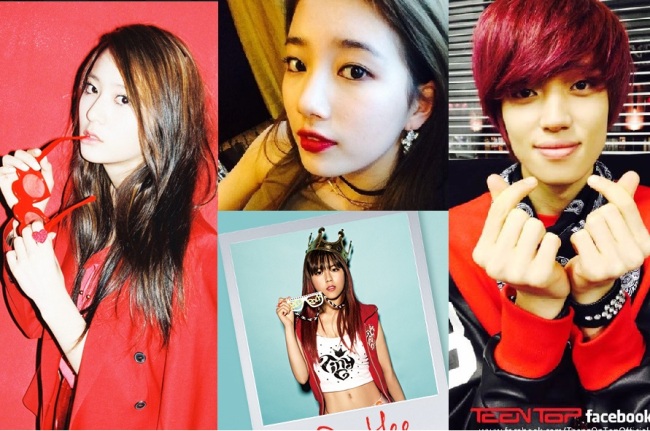 f(x) Crystal (left), Miss A Suzy (upper center), Tiny-G Dohee (lower center) and Teen Top Niel (right). (Talent agencies, facebook)