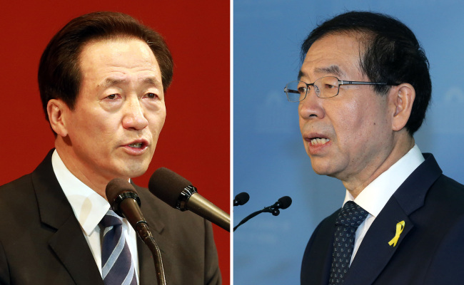 정몽준(좌부터/국회의원/새누리당/대한축구협회명예회장/보건복지위원회위원),박원순(서울시장/변호사/서울특별시시장)
The joys of taking the party primary in a landslide win are likely to be short-lived for Rep. Chung Mong-joon, who goes up against incumbent Seoul Mayor Park Won-soon in the June 4 local elections.
Chung Mong-joon, Park Won-soon
