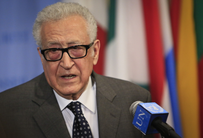 Lakhdar Brahimi, U.N. and Arab League special envoy to Syria, speaks during a news conference after closed meetings in the U.N. Security Council at United Nations headquarters Tuesday.   AP-Yonhap
