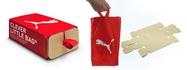 친환경 신발은 포장까지 100% 친환경을 고집한다.
푸마의 ‘클레버 리틀 백(Clever little bag)’은 2011년에 첫선을 보인 뒤 지금까지 대표적인 친환경 신발 박스로 통한다. 운동화 포장박스에 들어가는 종이를 65% 가까이 줄이고, 재활용 소재로 제작한 것은 물론 포장박스와 쇼핑백 기능을 하나로 묶은 제품이다. 적은 공간을 차지해 운송비까지 절약할 수 있는 아이템이다.