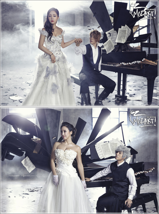 지난 2010년 초연과 2011년, 2012년 공연때마다 매진사례를 기록했던 ‘모차르트!’는 다음달 14일부터 8월 3일까지 세종문화회관 대극장에서 네번째로 공연한다.
음악에 대한 열정과 평범한 삶에 대한 갈망 사이에서 고뇌하는 모차르트역은 뮤지컬 배우 임태경, 박은태와 가수 박효신이 트리플 캐스팅됐다. 콘스탄체역은 김소향과 임정희, 정재은이 맡는다.(사진 왼쪽은 박효신 임정희 커플, 오른쪽은 임태경 김소향 커플) [사진=EMK뮤지컬컴퍼니]